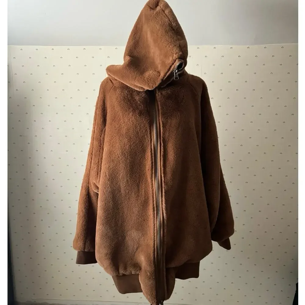 FREE PEOPLE Oversized Brown Faux Fur Hoodie Jacket Coat Size Medium